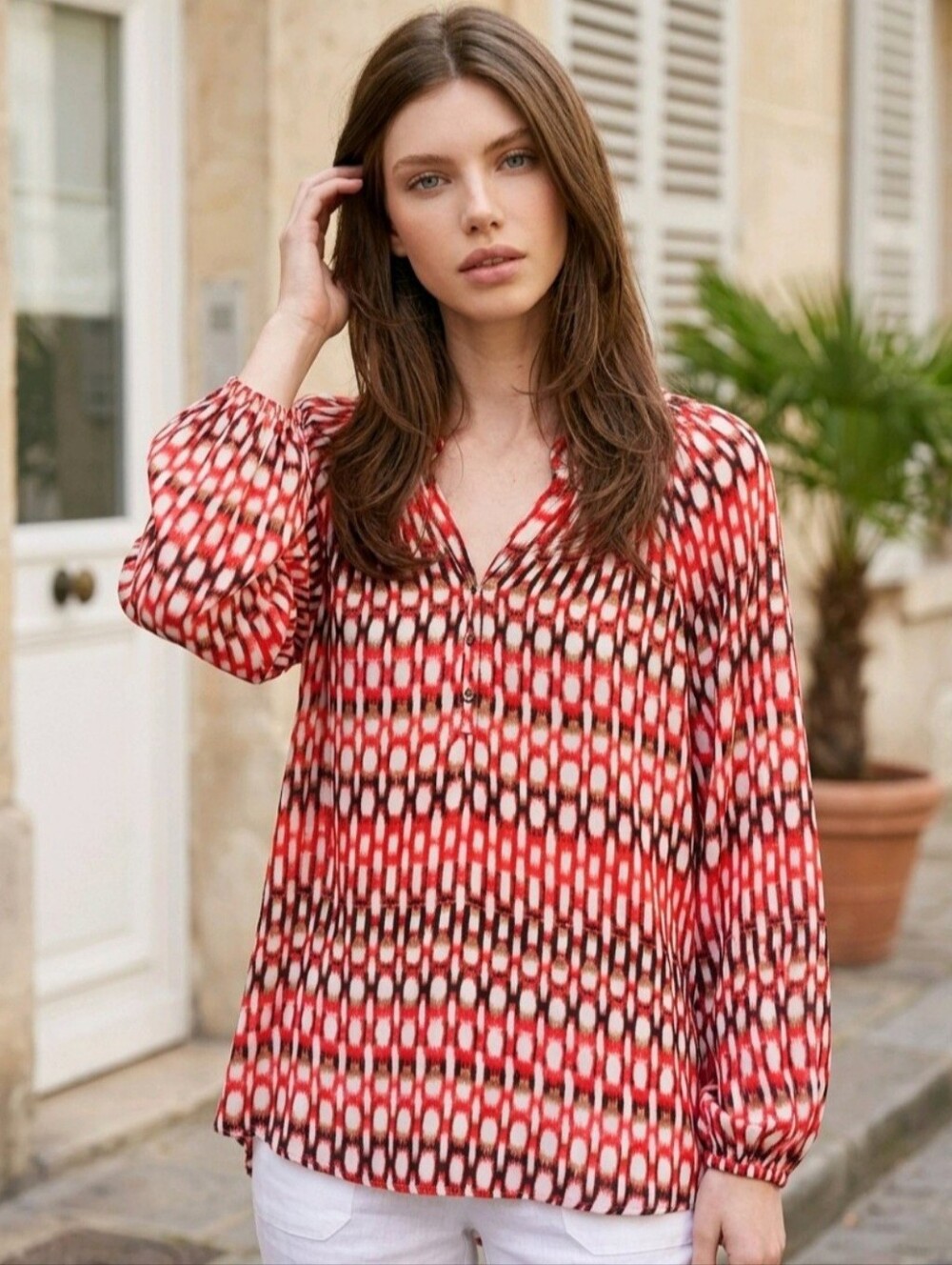 🪸 🫒 CHAUS New York Peasant Style Geometric Pintuck Pleating Blouse Size L